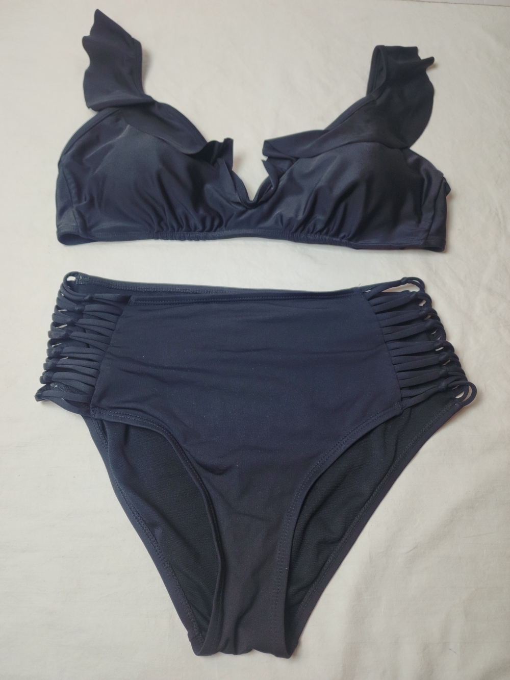 Ambrielle Medium Women's Black Ruffle Strap High-Waist Bikini Set
